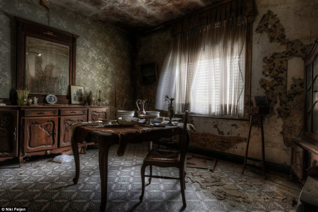 This table was set up for tea when the house's occupants vanished.