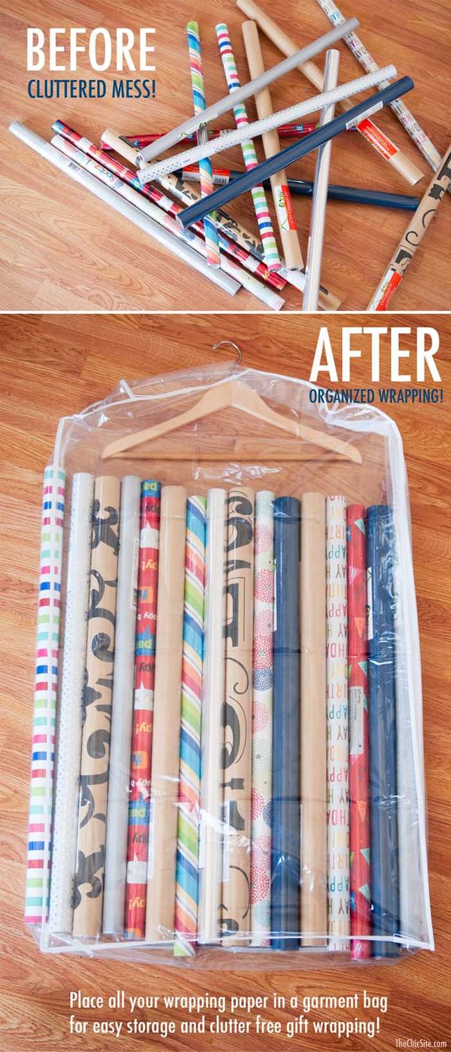 11.) If you're short on space, store gift wrap compactly <a href="https://thechicsite.com/2014/09/11/wrapping-paper-storage/" target="_blank">with a garment bag</a>.