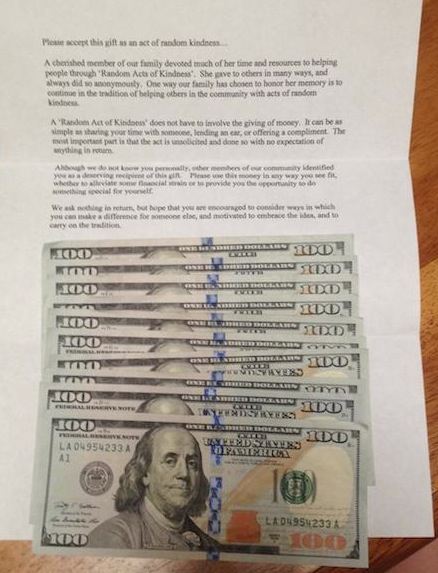 The letter told the story of a recently deceased family member who loved to give random acts of kindness. After reading the letter, the woman knew that the gift was fate. Her mother needed the kindness more than anyone could know, as she continues to fight ovarian cancer after three years and needed money to pay for mounting medical bills.