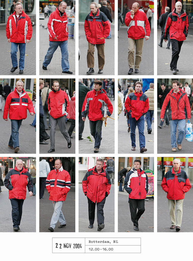 Red winter jackets are great for visibility in snowy weather, but not so good for standing out in a crowd.