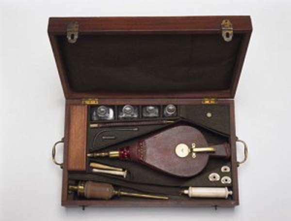 17.) Tobacco Smoke Enema (1750s-1810s): This kit would be used to infuse tobacco smoke into a patient’s rectum. It was used primarily the resuscitation of drowning victims. The warmth of the smoke was thought to promote respiration.