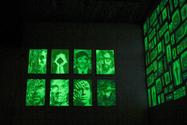 Each image is produced using a combination of glow in the dark and regular ink.