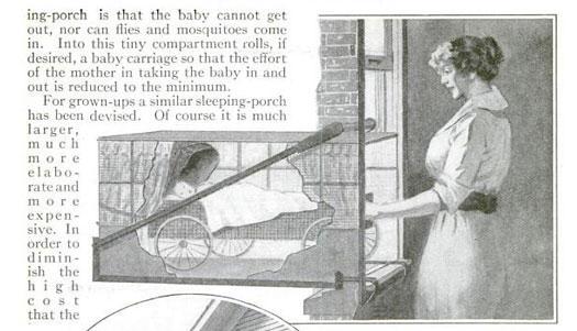 1916: Sleeping Porch. This was a proposed solution to the ever-growing city population problem. Made of iron and able to withstand 500 lbs, it does seem pretty sturdy...but does anyone else have "Rock-a Bye Baby" in their head right now?