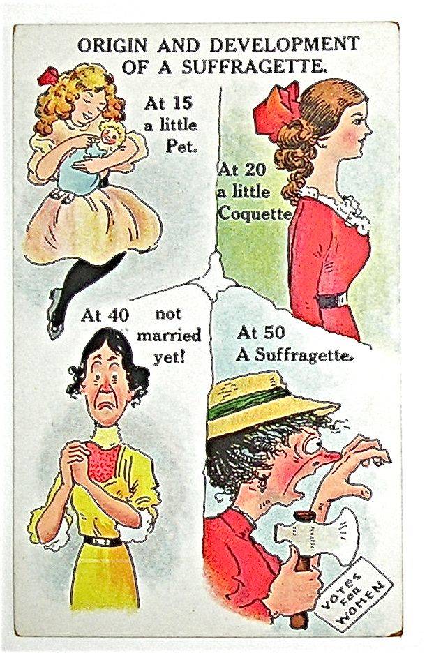 This image suggests that the suffrage movement stems from women not being able to find a husband. This is still an "argument" lobbed at the feminist movement. The suggestion is that women should be "little pets" or "little coquettes." That is, exist in relation to someone else.