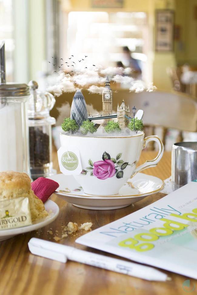 This classic English afternoon tea includes all the amenities, like pretty china, scones, and a few landmarks. A red phone box might have clashed with the pink rose.