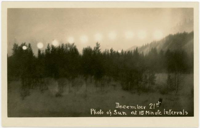 This wasn't intended as a "trick" photo, but it shows what kinds of capabilities old cameras had. This is a time-lapse photo of the sun's path on the winter solstice, with each exposure taken at 15-minute intervals. People learned to create captions by hand, too, by simply writing on the negative.