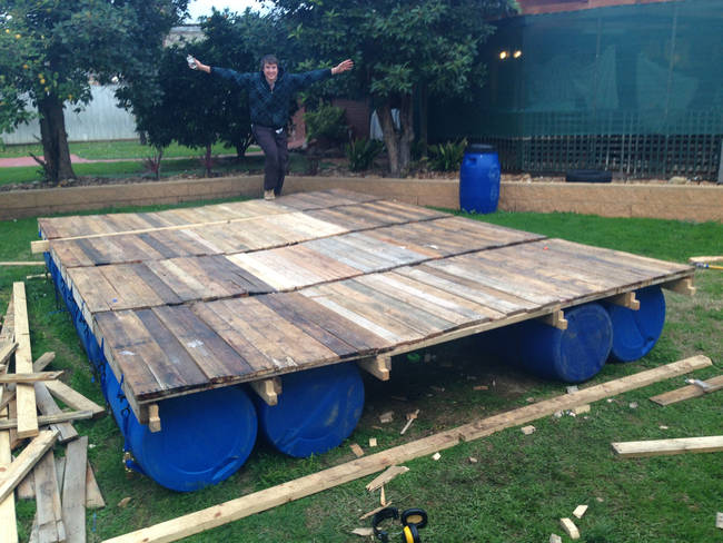 Here's the pontoon raft all put together, with the plastic barrels placed to make sure the raft remained buoyant and balanced.