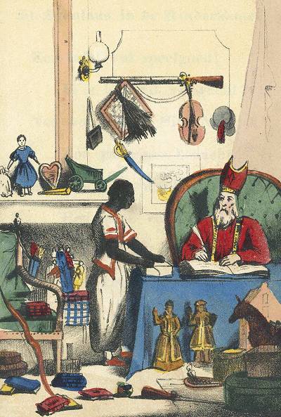 An 1850 illustration of St. Nicholas with a black servant. This could be a possible origin for Zwarte Piet, and depicting white people with black servants was not an uncommon practice in the past--it was used as a way to show the white sitter's status.