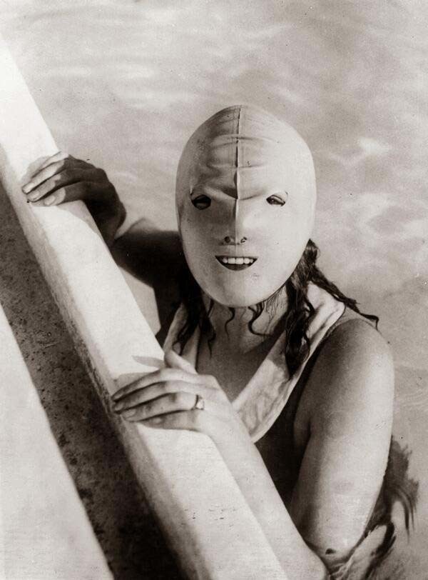 13.) A full-faced swimming mask that was to help protect women's skin from the sun (1920s).