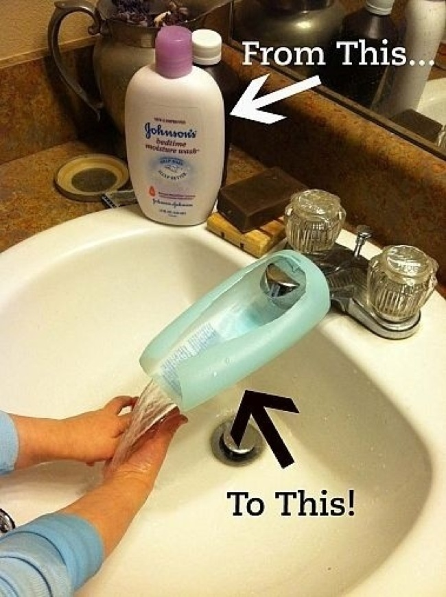 Old plastic bottles can be converted into spouts to make it easier for kids to reach the sink.