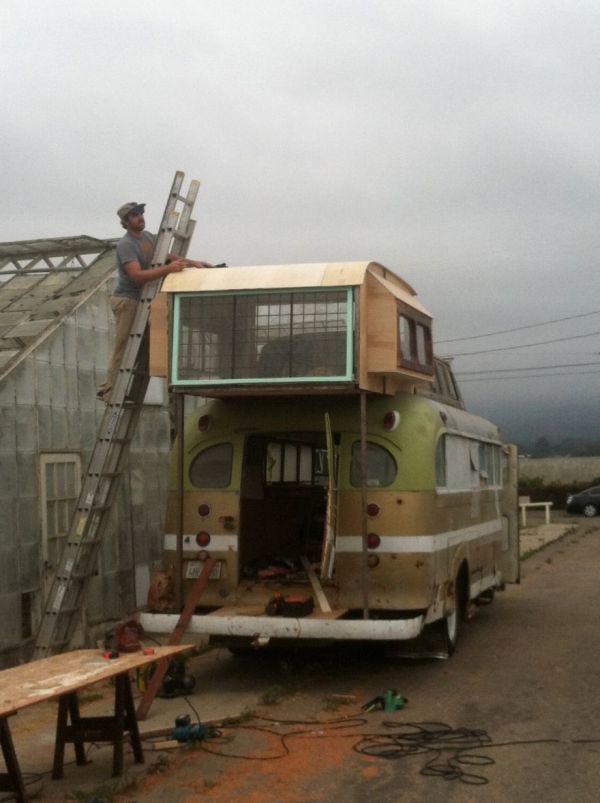 As part of the refurbishment, Ryan added a bedroom pad to the top of the bus.