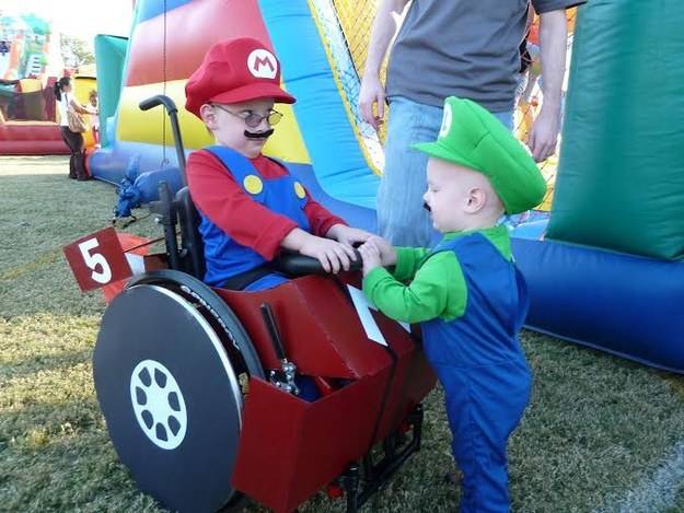 Little brother Benjamin, now 5, accompanied Caleb as Luigi