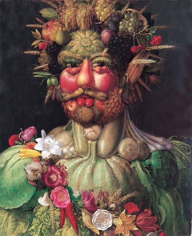 For a time, Arcimboldo painted portraits in Prague in the court of the Holy Roman Empire. Here is a portrait of Rudolf II, the Holy Roman Emperor at the time, painted as Vertumnus, Roman god of the seasons.