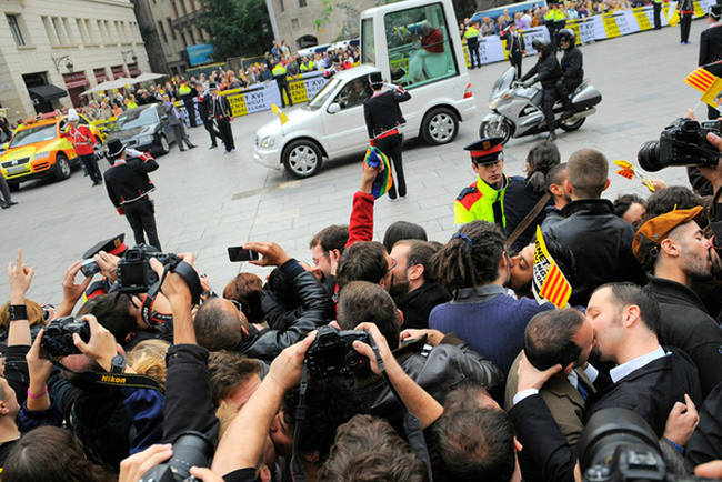 Gay couples in Barcelona respond to the Pope's anti-gay sentiments.