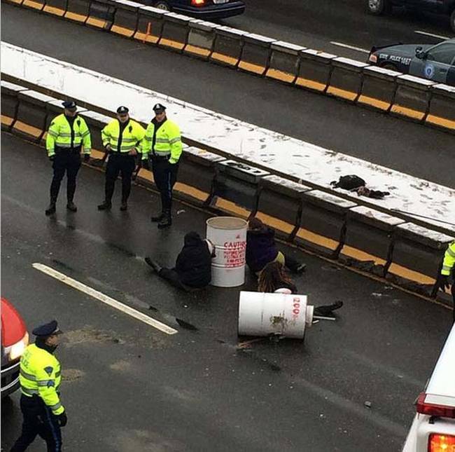 The scene caused major backups on I-93 outside of Boston. The protesters were part of the Black Lives Matter Group, according to the Associated Press.