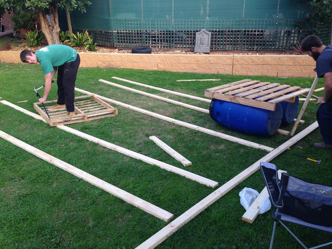 Here's the beginning of the project - just some 2X4s arranged in a rough outline of the shape of the raft.