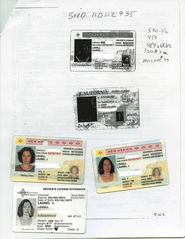 Lovell's and Hart's IDs from 2011. Lovell's first name is Laurel, but she goes by Jessamyn.