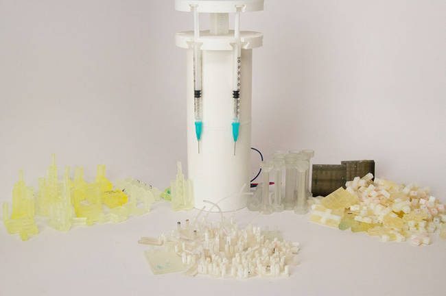 The capsules seen here have been 3D printed, and the microorganisms pumped into them via syringe.