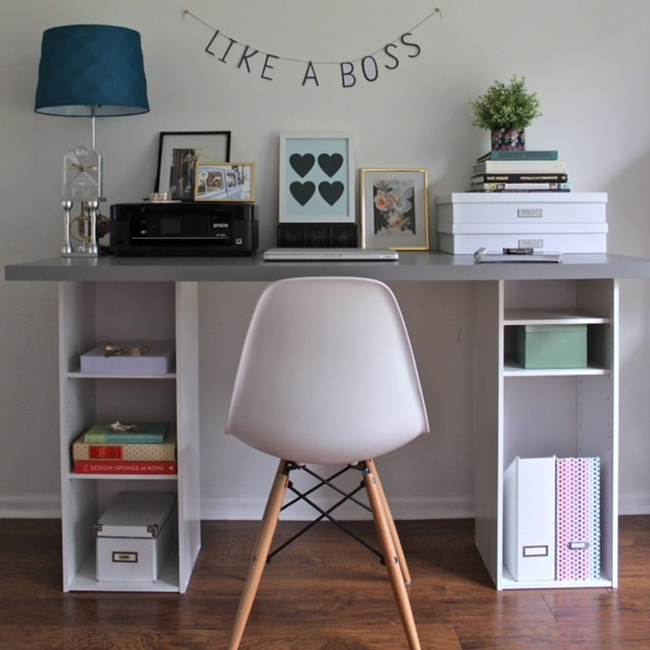 9.) Use medium shelves to <a href="https://prettyprovidence.com/ikea-hack-diy-desk-under-60/" target="_blank">create a cheap desk</a>.