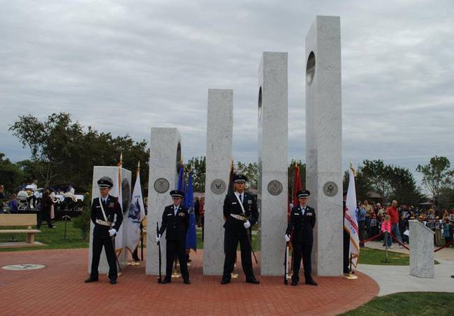 It's unique design incorporates the five branches of the military with their own respective pillars placed in the order prescribed by the Department of Defense- (from right to left in picture) The Army, The Marine Corps, The Navy, The Air Force, and The Coast Guard.