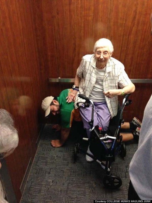 1. This mover made a "seat" for this grandma when the elevator broke down.