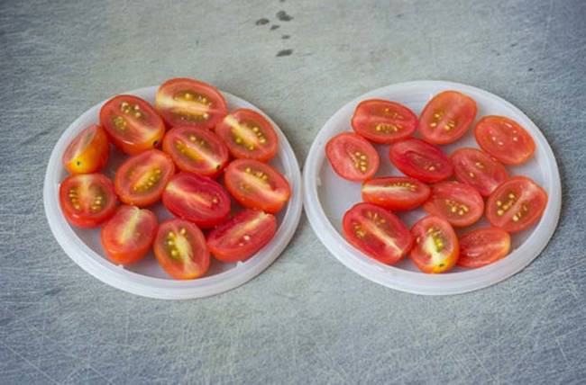 Instead of slicing cherry tomatoes one by one, use two plastic Tupperware lids to cut a bunch at the same time. Place whole tomatoes on one lid, gently cover them with another lid, and slice through.