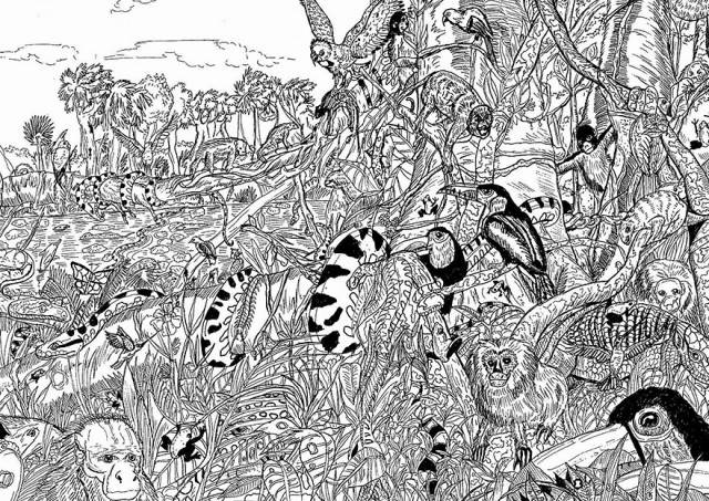 A jungle scene full of fine detail. The fun of some of these sketches is seeing what you can find when you really look.