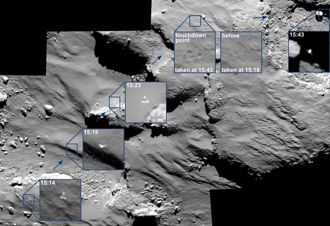 <i>Rosetta</i>'s OSIRIS camera spots <i>Philae</i> as it travels across the comet's surface. These were taken about 15.5 km from the surface. In the insets, you can see <i>Philae</i> doing an (unintentional) flip.