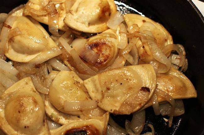 Frozen pierogies get an extra kick  when sautéed with fresh garlic and onions. <a href="https://rutheh.com/2011/03/29/pierogies-season-3-images/">Ruth Hendricks</a> has more details on this hack.