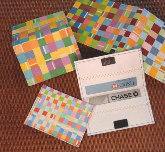 Weave together strips of samples to make a credit card holder.