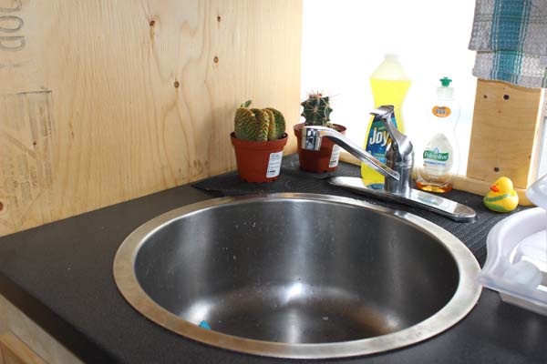 "Sink and tap installed. Not quite a cat but these are our bus pets- cacti Keith and Warren."