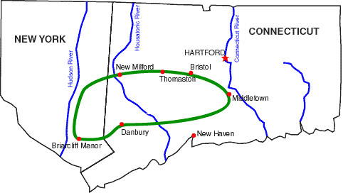 The Leatherman's route, seen here in green, covered some 365 miles and stopped in several specific towns, who anticipated his arrival every 35 days.