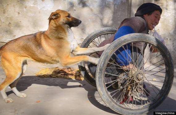 The 68-year-old man who goes by Mr. Fu contracted polio as a young boy, and now gets around with this makeshift wheelchair.