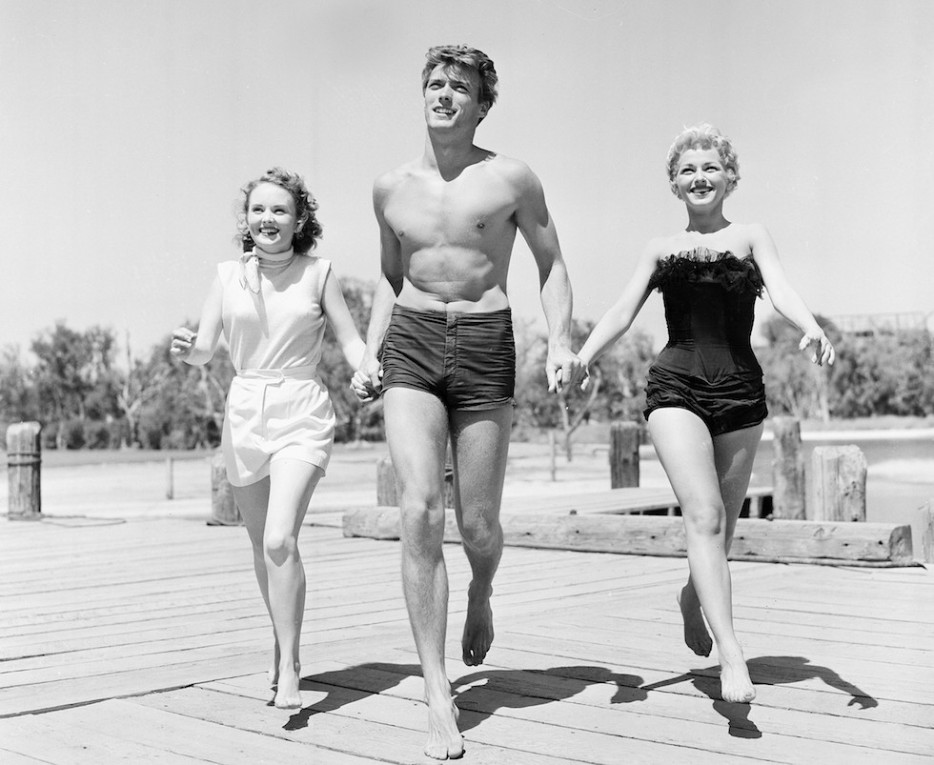 Clint Eastwood with actresses Olive Sturgess and Dani Crayne in San Francisco, 1954.