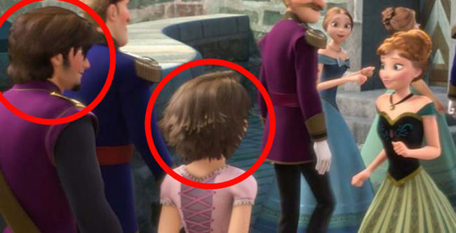 2.) Flynn Rider and Rapunzel make an appearance at Elsa's coronation in Frozen.