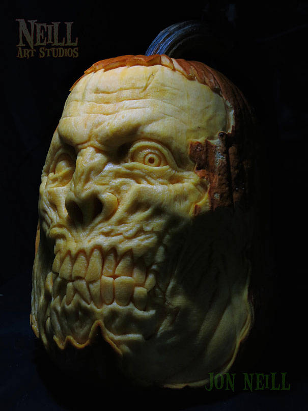 The carvings are created by shaving off thin layers, so Neill can use as much of the pumpkin flesh as possible.