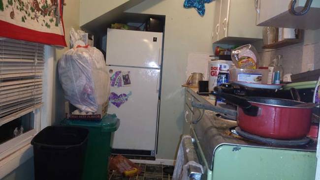 The kitchen almost looks organized compared to the rest of the house.