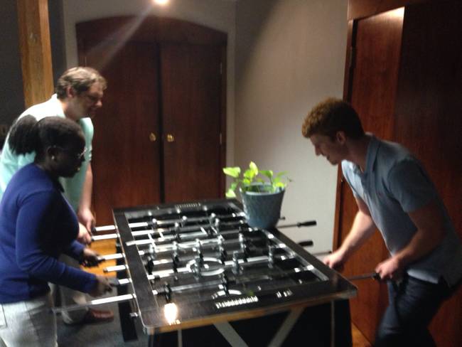 A friendly game of foosball.