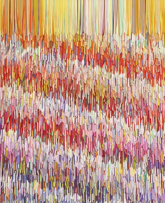 This fringe curtain made of paint samples looks awesome.