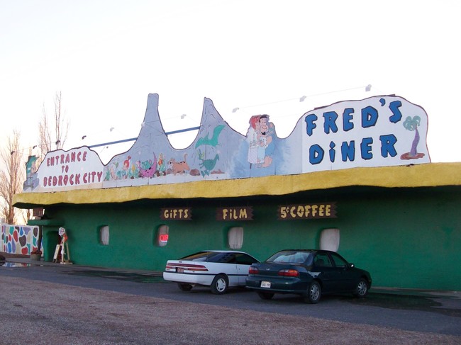 Like the houses, Fred's Diner harkens back to a different time, but not the Stone Age. Note the sign for five-cent coffee. Those were the days!