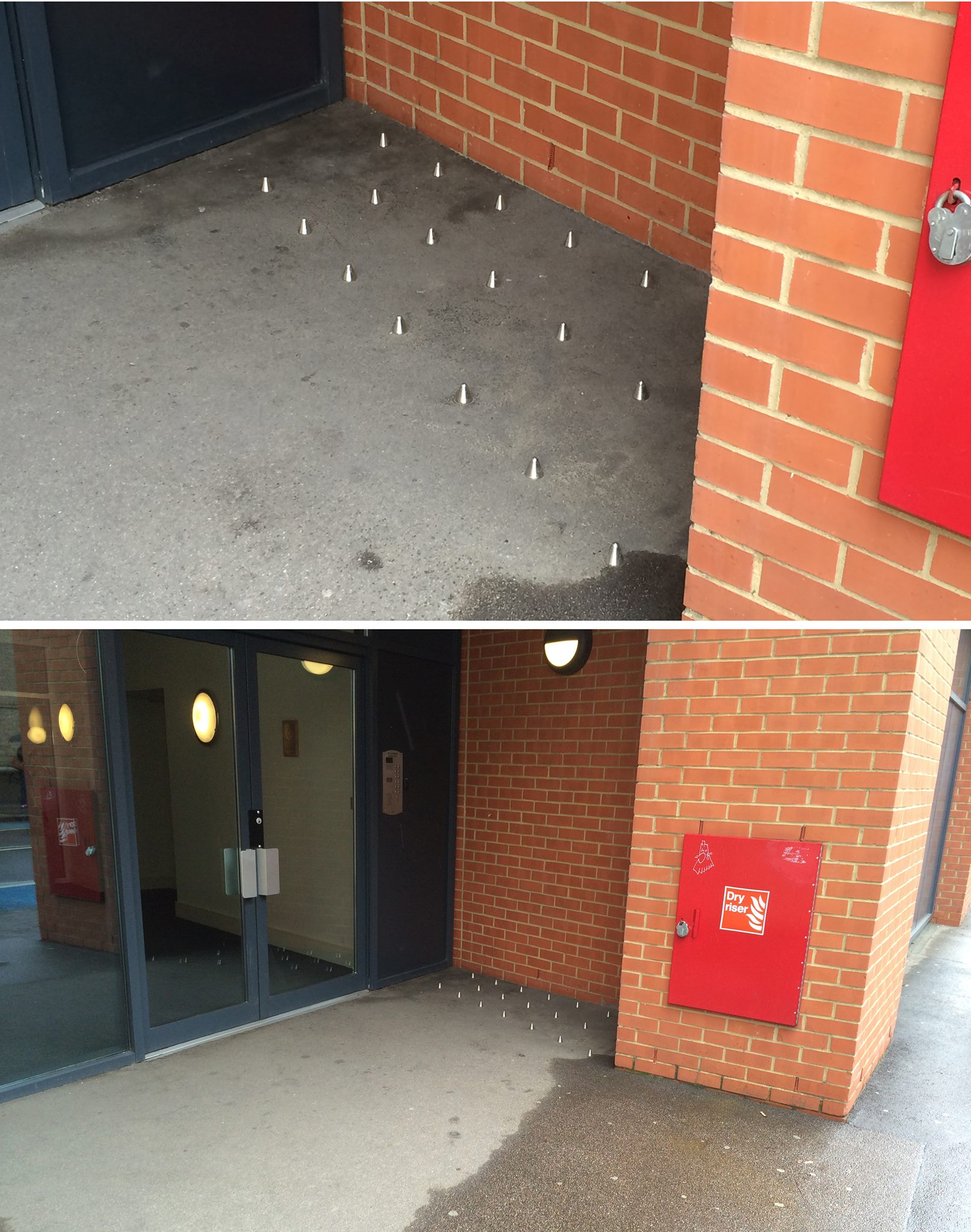 A few weeks ago a building installed spikes near a doorway that homeless people would often use during the night when the nearby shelter was full.