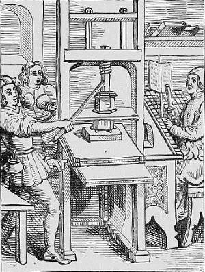 A printing press from around Shakespeare's time. The invention of the press and of movable type allowed reading material to be more available to people, and caused literacy rates and the spreading of information to increase dramatically.