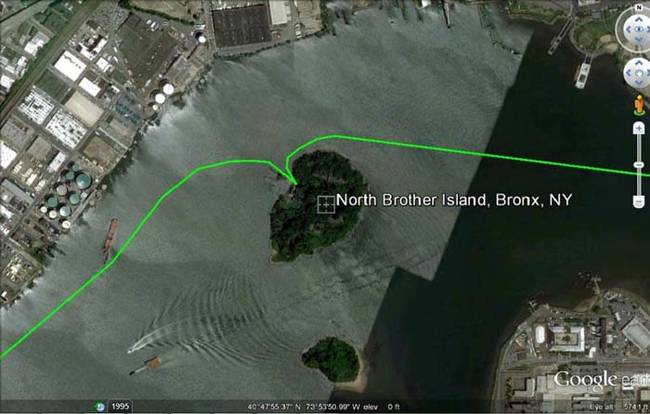 Here is North Brother Island. The island is technically located in the Bronx, but you can see the very edge of Queens there in the bottom corner.