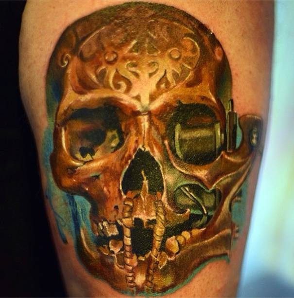 This mashup of metallic skull and tattoo machine is a feat in texture rendering.