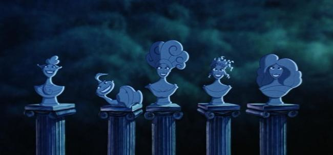 The muses of "Hercules" sing while appearing as marble busts during the song "I Won't Say I'm In Love" positioned in the same way as the singing heads from the “Haunted Mansion” ride.