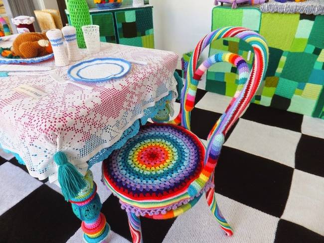 The kitchen was created by various artists, so each knit or crocheted item is a little different.