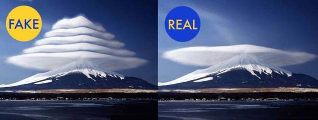 10.) This photo of cool looking clouds over Mt. Fuji in Japan is most certainly fake. But that hasn't stopped the Internet from continuing to share it around.