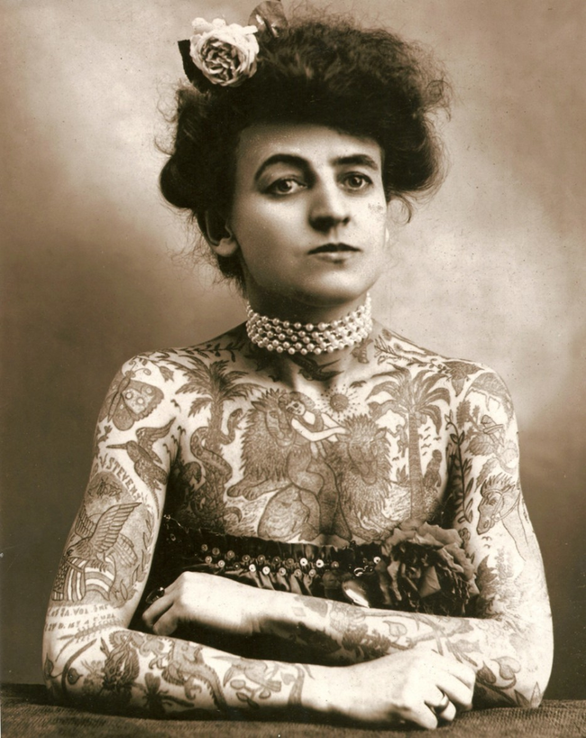 4.) Maud Wagner, the first female tattooist, in 1907.