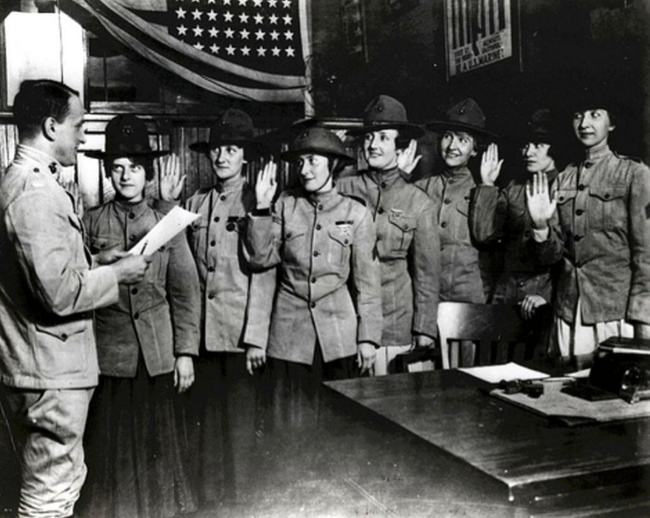 3.) Some of the first females to join the U.S. Marine Corps. swear in during a 1918 ceremony.