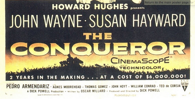 1.) The Conqueror (1956): During the filming of this terrible film staring John Wayne as Genghis Khan, the entire crew was almost killed in a flash flood. Then Susan Hayward was almost eaten by a panther. To top it all off, the film shot for 13 weeks on ground where the Army had previously tested atomic bombs. The cast and crew were all exposed to nuclear fallout and 91 of the 220 crew members contracted cancer. John Wayne and 45 of the crew died a few years afterwards.